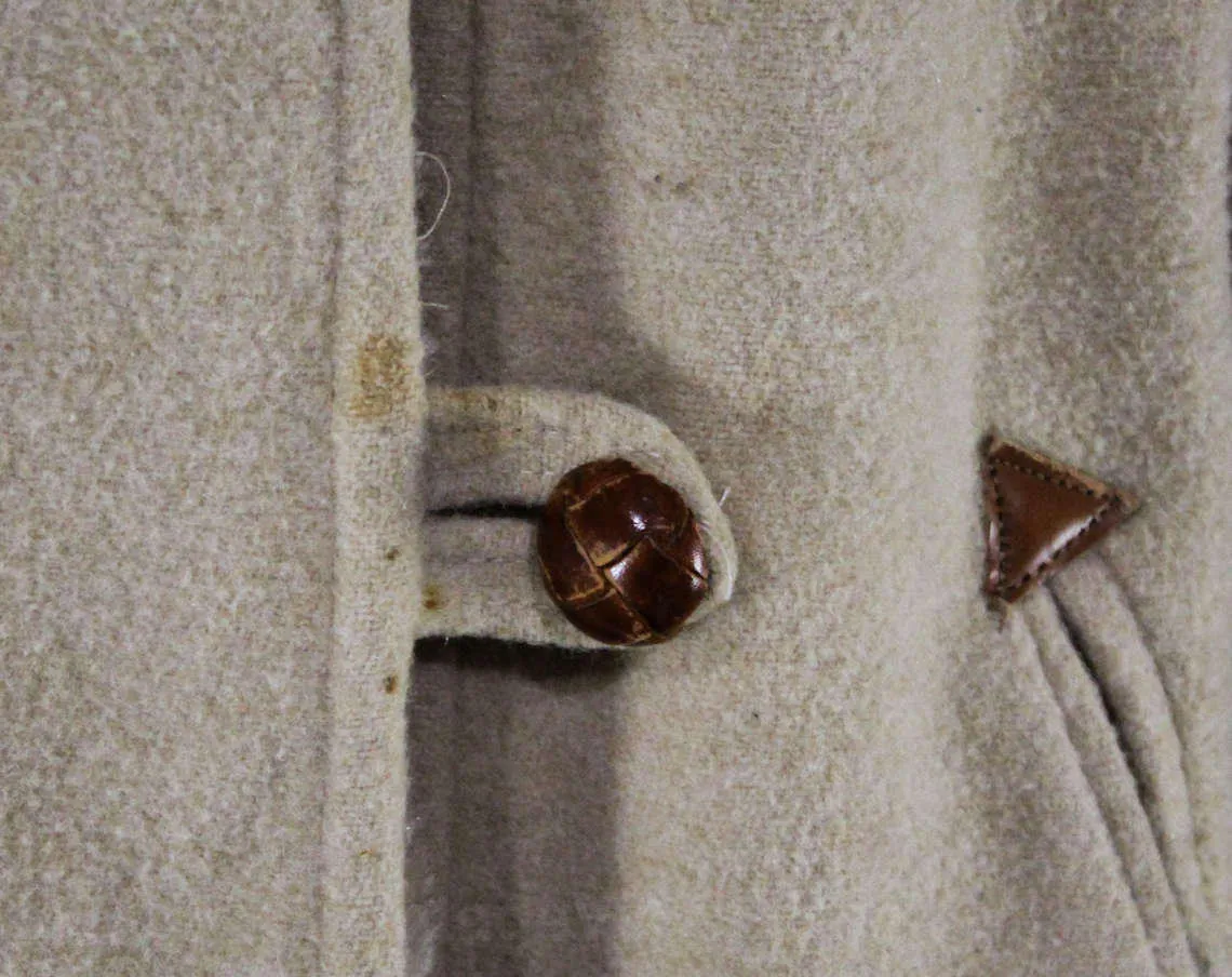 Size 10 Faux Shearling Coat - Beige Tan Wool 70s Street Style Medium Car Coat - Double Breasted Leather Buttons - Furry Collar - Bust 38