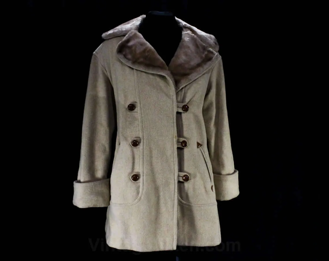 Size 10 Faux Shearling Coat - Beige Tan Wool 70s Street Style Medium Car Coat - Double Breasted Leather Buttons - Furry Collar - Bust 38