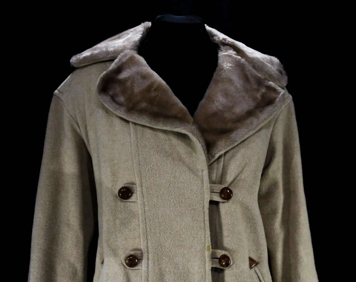 Size 10 Faux Shearling Coat - Beige Tan Wool 70s Street Style Medium Car Coat - Double Breasted Leather Buttons - Furry Collar - Bust 38