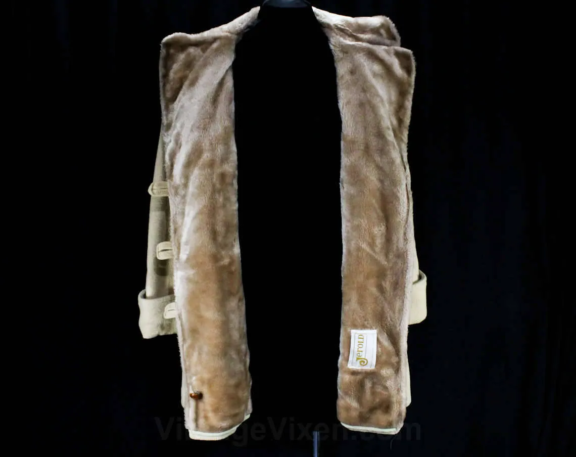 Size 10 Faux Shearling Coat - Beige Tan Wool 70s Street Style Medium Car Coat - Double Breasted Leather Buttons - Furry Collar - Bust 38