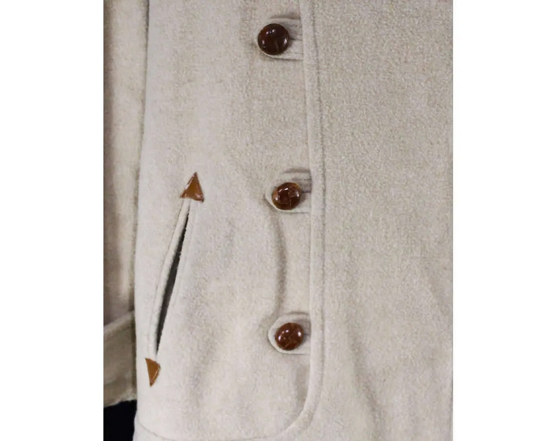 Size 10 Faux Shearling Coat - Beige Tan Wool 70s Street Style Medium Car Coat - Double Breasted Leather Buttons - Furry Collar - Bust 38