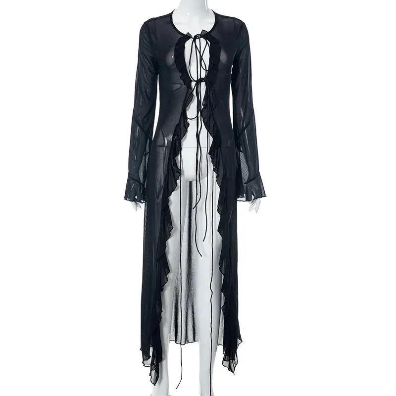 Summer Black Sheer Mesh Elegant Lace-Up Cardigan Long Sleeve Party Maxi Dress