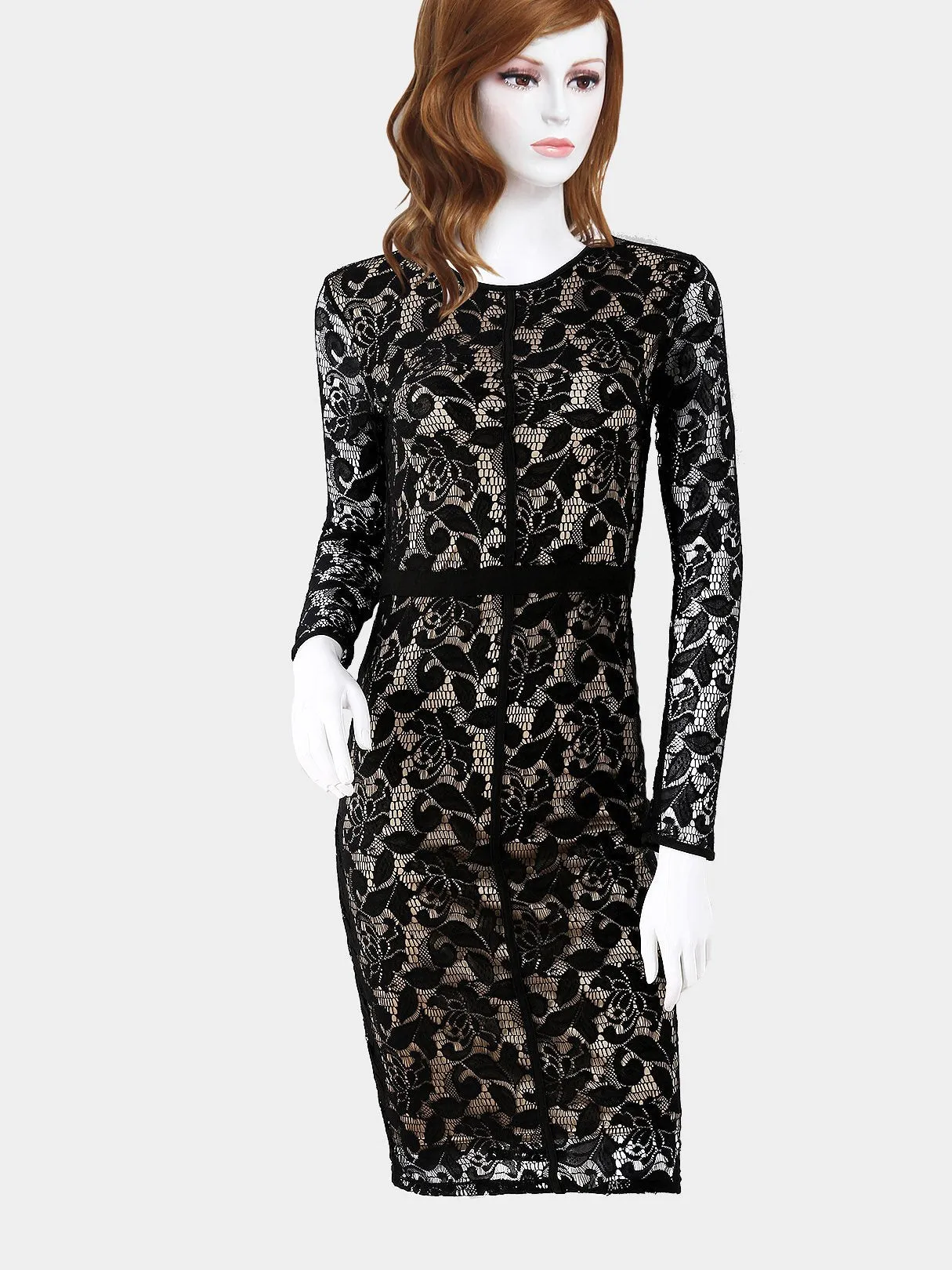 Wholesale Black Round Neck Long Sleeve Lace Hollow Bodycon Dresses