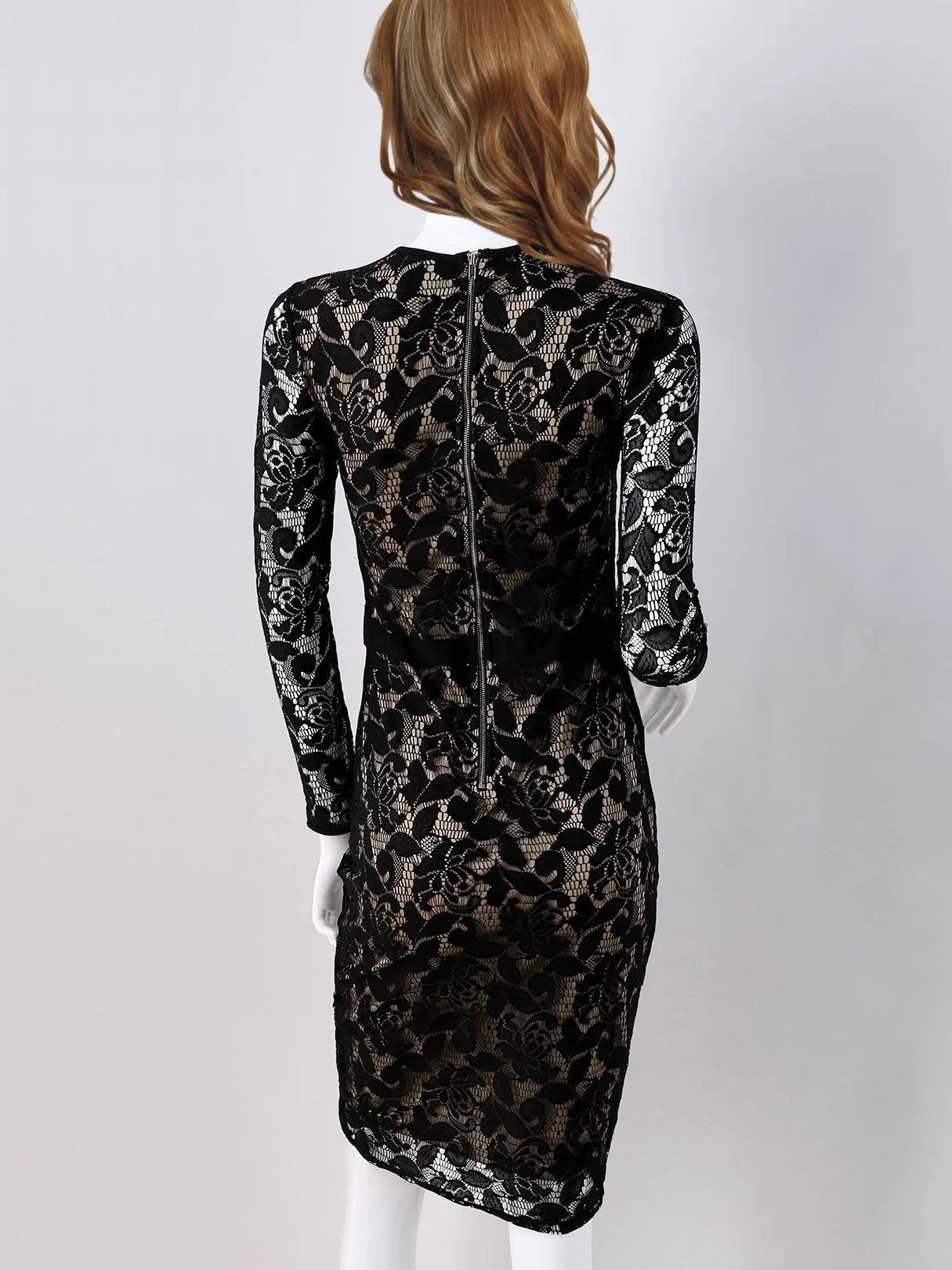 Wholesale Black Round Neck Long Sleeve Lace Hollow Bodycon Dresses