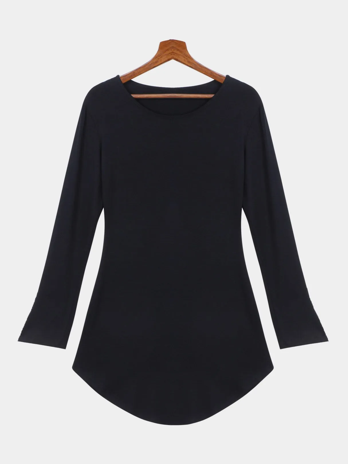 Wholesale Black Round Neck Long Sleeve Plain Curved Hem Dresses